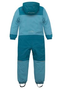 Tropf- und blaufarbiger wasserdichter Einteiler mit Kapuze, elastischen Bündchen und reflektierenden Akzenten. Verfügt über einen strukturierten oberen Bereich und einen glatten unteren Bereich.