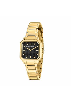 Armbanduhr aus goldfarbenem Metall mit achteckigem Gehäuse, schwarzem Zifferblatt, minimalistischen Stundenmarkierungen und einem Gliederarmband.