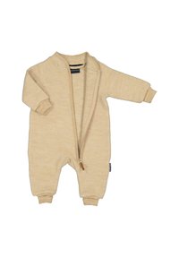 Beige, pitkähihaiset potkupuku, joka on valmistettu teksturoidusta kankaasta. Siinä on kokopitkä vetoketju ja resorireunaiset hihansuut; pohjan vasemmassa alakulmassa näkyy merkki.