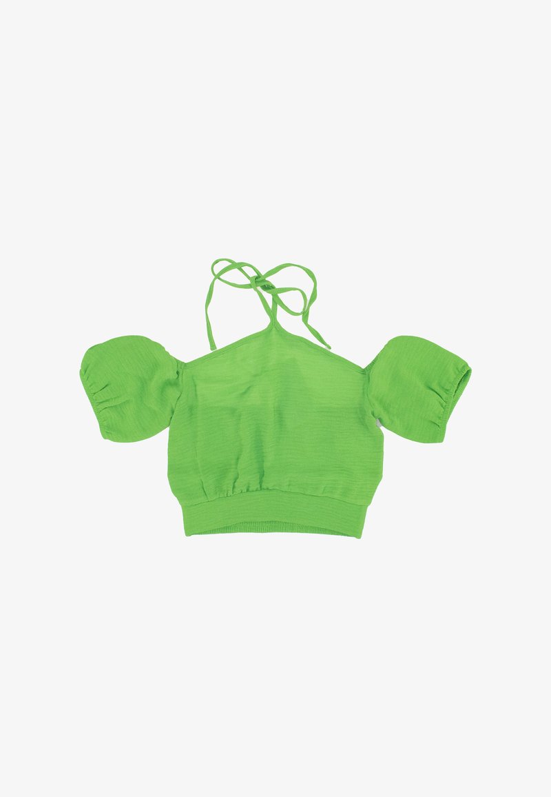 Grünes Crop-Top mit kurzen Puffärmeln, aus strukturiertem Material gefertigt. Verfügt über Spaghettiträger und einen taillierten Bund.