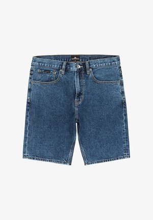 Denim shorts in medium blue with a classic cut. Features five pockets, belt loops, and contrasting stitching along the edges.