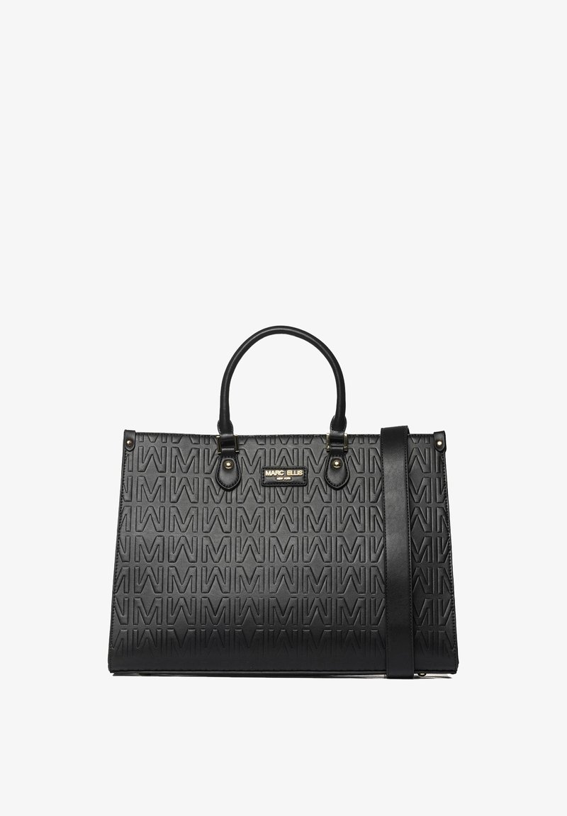 Borsa nera con motivo a logo in rilievo, forma strutturata, doppio manico superiore, tracolla rimovibile e accenti hardware in tono oro.