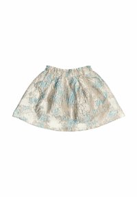 Skirt made of textured fabric in light beige with blue accents, featuring an elastic waistband and a flared, circular shape.