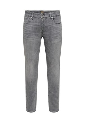 Jean en denim gris coupe droite avec bouton et fermeture éclair à l'avant, cinq poches et passants de ceinture, présenté sur fond blanc.
