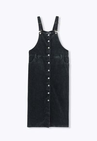 Robe salopette en velours côtelé gris foncé avec bretelles réglables, fermeture à boutons sur le devant et deux poches latérales. Texture lisse et longueur genoux.