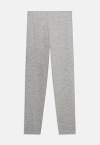 Gray leggings made from soft, stretchy material. Features a smooth, plain texture, with a fitted design and no visible seams or embellishments.