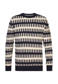 Pull en tricot avec un motif rayé en bleu marine et cr�ème, avec des poignets et un ourlet côtelés. Conception à encolure ras du cou. Matériau texturé.