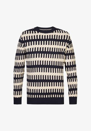 Pull en tricot avec un motif rayé en bleu marine et crème, avec des poignets et un ourlet côtelés. Conception à encolure ras du cou. Matériau texturé.