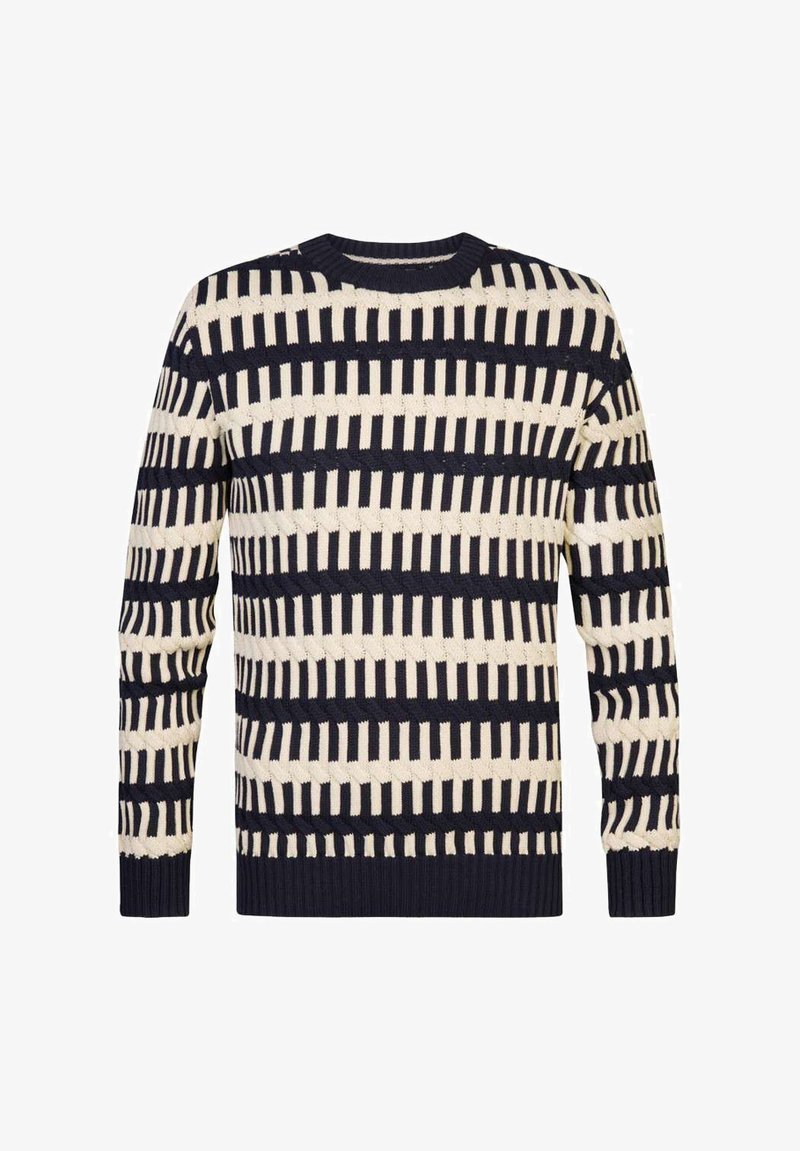 Pull en tricot avec un motif rayé en bleu marine et crème, avec des poignets et un ourlet côtelés. Conception à encolure ras du cou. Matériau texturé.