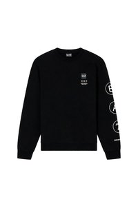 Černá bavlněná mikina s dlouhými rukávy, kulatým výstřihem a potiskem log na přední straně a na levém rukávu.