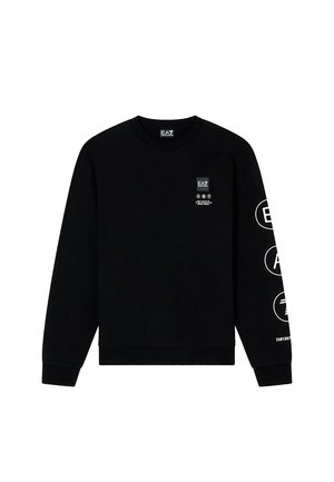 Czarna bluza bawełniana z długimi rękawami, okrągłym dekoltem i nadrukowanymi logo z przodu oraz na lewym rękawie.