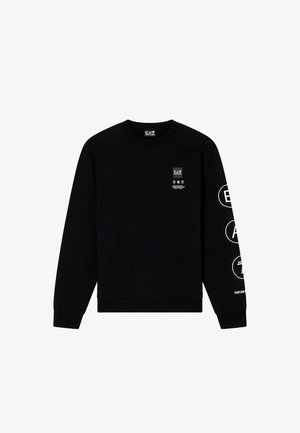 Svart sweatshirt i bomull med långa ärmar, rund halsringning och tryckta logotyper på framsidan och längs vänster ärm.