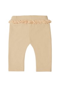 Beige bomullstights med en volangkant av persikofärgad spets i midjan. Slät textur, åtsittande passform, inga ytterligare mönster eller accenter.
