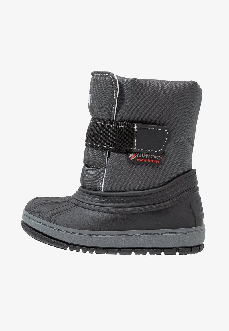 Botte d'hiver isolée noire et grise avec semelle épaisse et bride réglable avec label membrane ALU-protect.