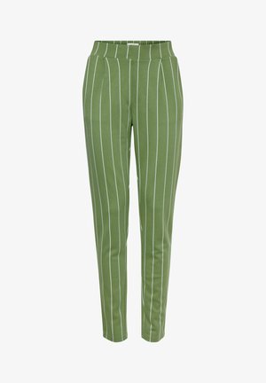 Green striped trousers with a fitted design, featuring vertical white stripes, stretchy fabric, and a high waistband for comfort.