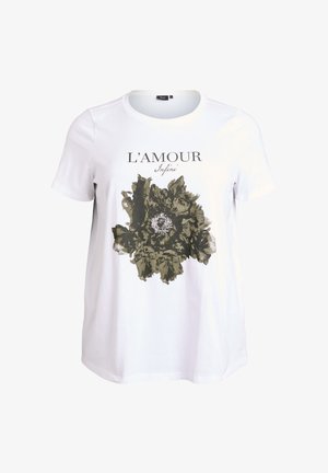 White short-sleeve t-shirt featuring a large green floral print and the text “L’AMOUR Infini” above it. Made of soft cotton material.