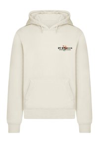 Felpa beige in misto cotone, con tasca frontale, cappuccio regolabile con cordino e logo stampato con accenti floreali sul petto.