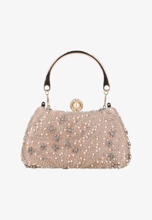 Perlenbesetzte Clutch aus weichem beigem Stoff. Verziert mit filigranen silbernen und perlenbesetzten Details, einem abgerundeten Metallgriff und einem dekorativen Verschluss.