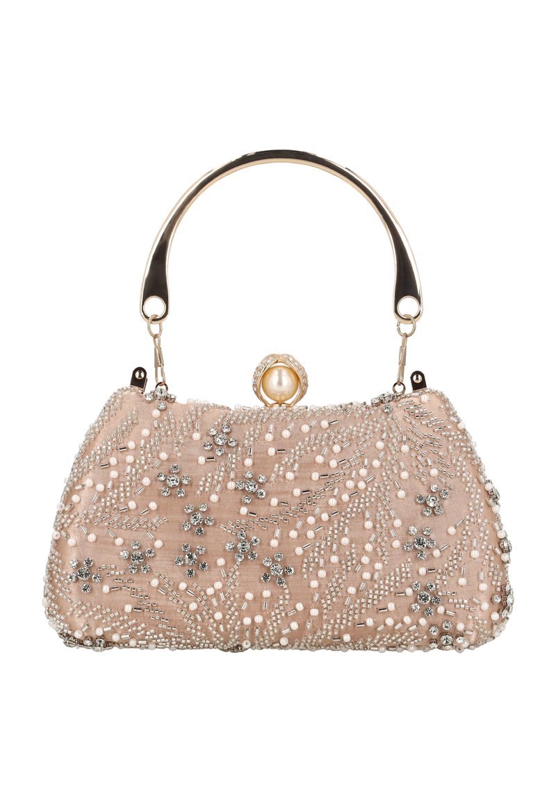 Perleklt clutch-taske i blødt beige stof. Har indviklede sølv- og perleornamenter, et rundt metalhåndtag og en dekorativ lås.