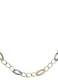 Halskette aus Gold- und Silberketten, die aus ineinandergreifenden ovalen und runden Gliedern mit einem strukturierten Design besteht. Polierte Oberfläche auf den Metallflächen.