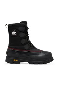 Sort vandtæt vinterstøvle med polstret krave, tekstureret overdel, rød syning og kraftig vibram-sål. Har tre kroge til snørebånd.