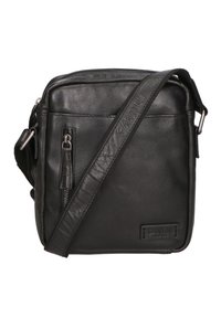 Borsa messenger in pelle nera con tasca frontale con zip e tracolla regolabile. Presenta il logo del marchio in rilievo e una texture liscia.