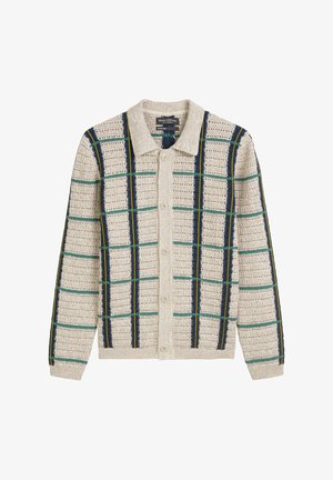 Cardigan beige con un knit testurizzato, caratterizzato da un motivo a griglia in blu navy, verde e blu, e un colletto con bottoni.