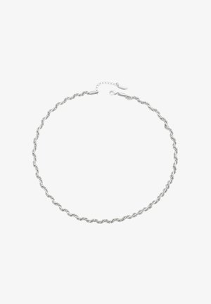 Ezüst csavart nyaklánc gyöngyös részletekkel, amely finom láncmintázattal és homárkapoccsal záródik. Állítható hosszúság kiterjesztéssel.