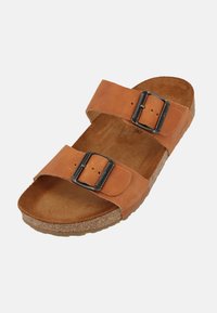 Brown leather slide sandal with two adjustable buckled straps, contoured cork footbed, textured insole, and a flat outsole.