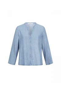 Camicia in denim azzurro chiaro con scollo rotondo, maniche lunghe e patta frontale. Presenta una vestibilità rilassata e una texture liscia.
