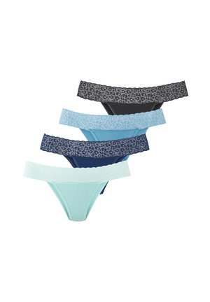 Four women's lace-trimmed bikini panties arranged in a vertical row, colors from top to bottom are black, light blue, navy, and mint green.