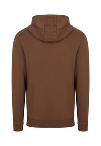 Bruine hoodie met lange mouwen en geribde manchetten, gezien vanuit de achterkant tegen een effen witte achtergrond.