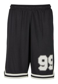 Black fabric sports shorts with a mesh texture, featuring a white trim and large embroidered number "99" on the left leg.
