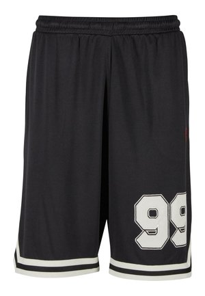 Black fabric sports shorts with a mesh texture, featuring a white trim and large embroidered number "99" on the left leg.