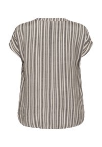 Blouse à rayures ample avec des manches courtes, présentant des lignes verticales en alternance grises et blanches, et un ourlet arrondi.