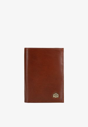 Brown leather wallet with smooth texture and small gold emblem in the lower right corner on a white background.