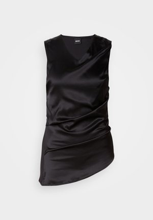 Black sleeveless top made from smooth satin, featuring a V-neck and draped design, with asymmetrical hemline and subtle gathered texture.