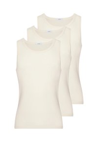 Tre canotte beige con scollatura rotonda e design senza maniche, realizzate in un tessuto morbido e liscio con una forma aderente.