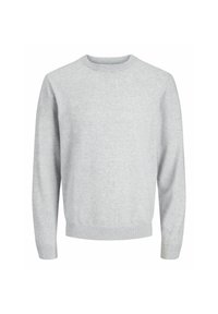 Sudadera gris claro de cuello redondo con una textura suave, puños y dobladillo acanalados, que presenta un ajuste clásico y relajado, sin patrones ni adornos.
