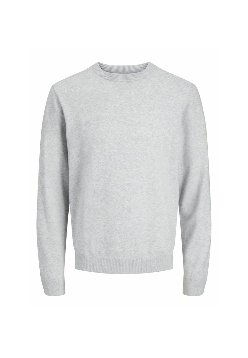 Sudadera gris claro de cuello redondo con una textura suave, puños y dobladillo acanalados, que presenta un ajuste clásico y relajado, sin patrones ni adornos.