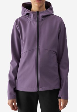 Fialová softshellová bunda s kapucí, předním zipem a elastickými manžetami. Má hladký povrch a minimalistický design, ideální pro venkovní nošení.
