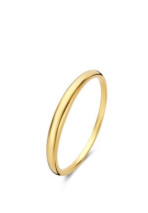 Goldener Ring mit glatter, polierter Oberfläche. Rundes, dünnes Design mit einer leichten Kurve und einem minimalistischen Äußeren. Keine zusätzlichen Muster oder Details.