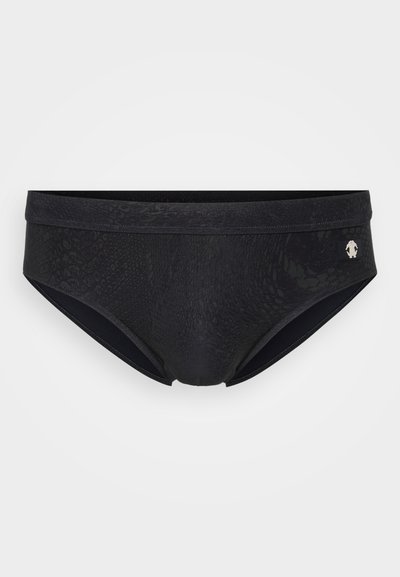 Maillot de bain noir avec un motif texturé, une taille élastique lisse, et un petit logo sur le côté.