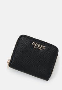 Black textured wallet made of synthetic material, featuring a gold logo and zipper closure. Compact rectangular shape with distinct seams.