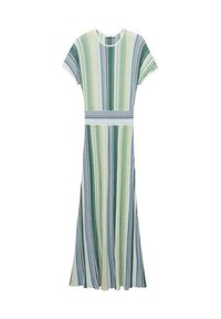 Abito maxi a righe nei toni del verde, bianco e blu. Presenta maniche corte, scollo rotondo e una vita aderente con una gonna fluida.