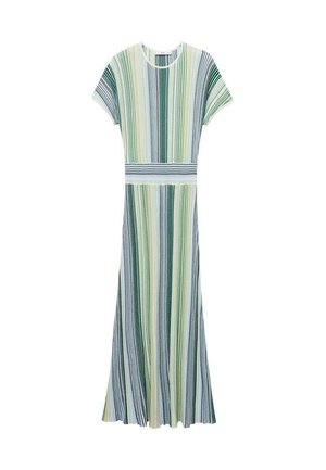 Prúžkované maxi šaty v zelených, bielych a modrých odtieňoch. Majú krátke rukávy, okrúhly výstrih a priliehavý pás s voľnou sukňou.