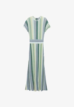 Striped maxi dress in green, white, and blue hues. Features short sleeves, a round neck, and a fitted waistline with a flowing skirt.