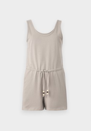 Világosszürke pamut kezeslábas, lekerekített nyakú, pánt nélküli kivitelben, elasztikus derékkal és fűzős megoldással, amelyen fából készült gyöngyök díszlenek.