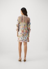 Gennemsigtig blomster-overlay kjole med multicolor broderi, trekvartærmer og lige kant; parret med beige strophæle.