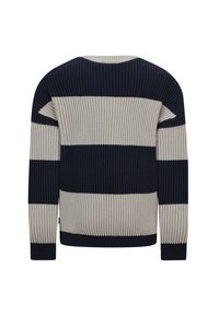 Maglione a maglia a righe blu navy e grigio chiaro, con una texture a coste, girocollo e maniche lunghe. Vista posteriore mostrata.